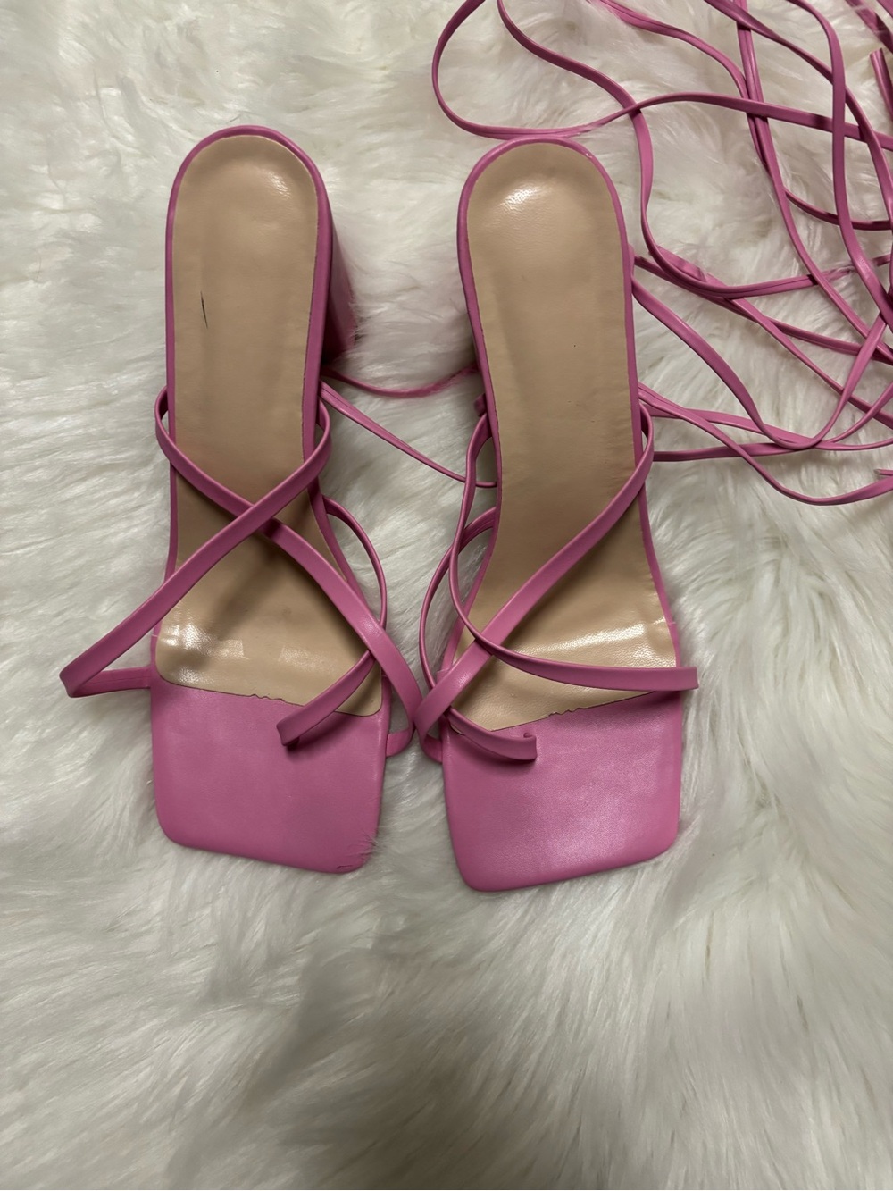 Pink Lace-Up Square Toe‎ Heeled Sandals